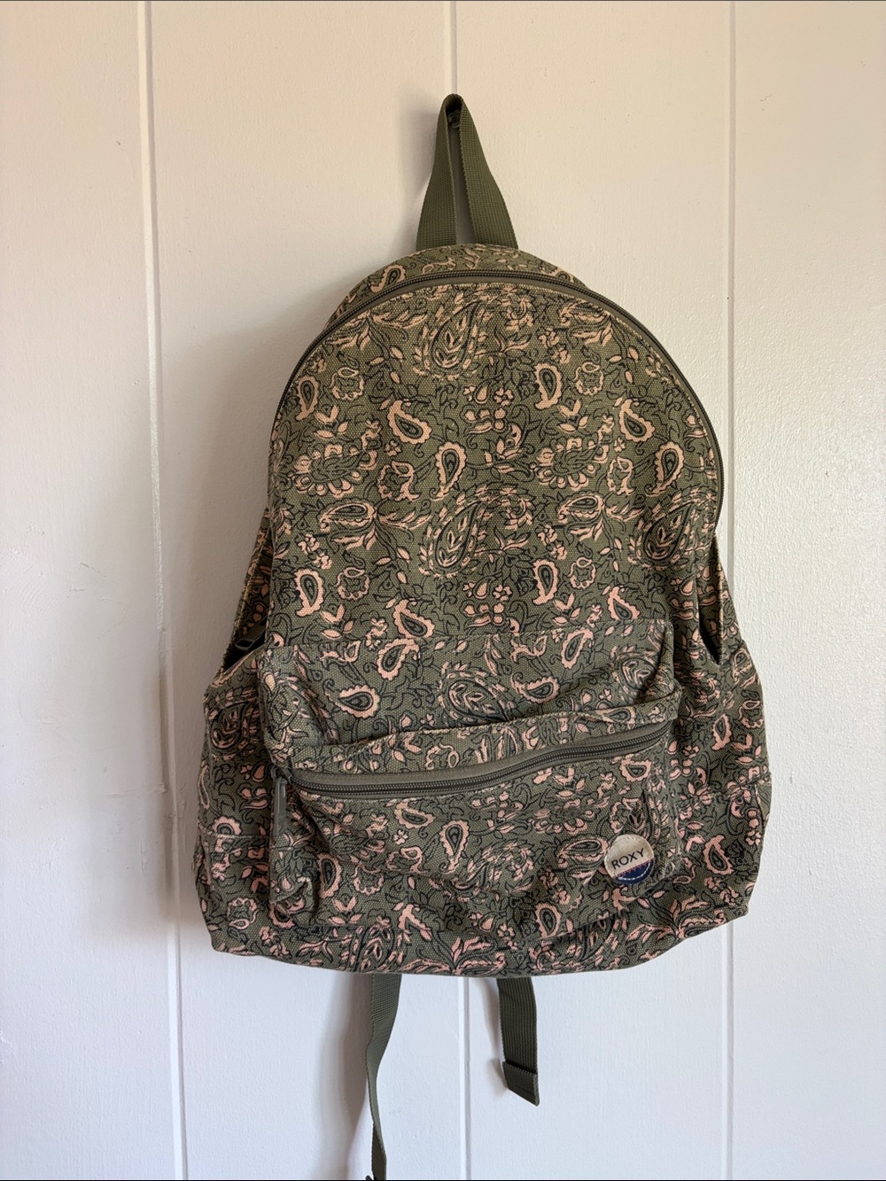 Green Paisley Canvas Backpack with Pink Accents